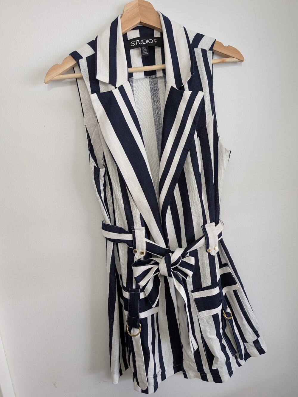 Studio F Small Sleeveless Tunic Top Linen Mix Blouse Tie Wrap Vest Sailor Stripe